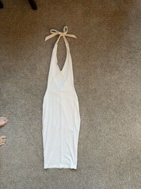 Halter Ribbed Maxi bodycon Dress in Cream